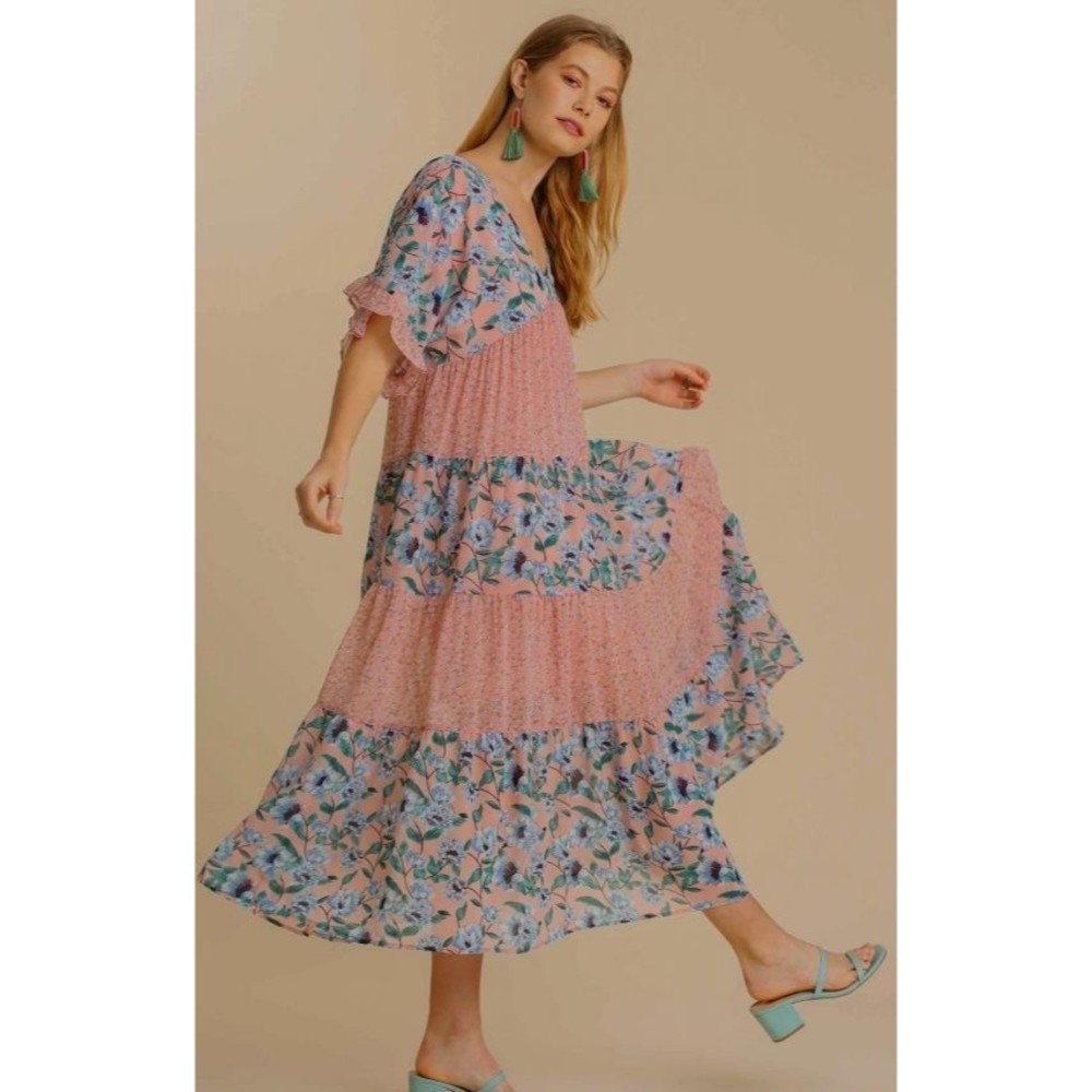 New UMGEE Small Pastel Floral Ruffle Sleeve V-Neck Maxi Dress Back Tie Dress - Picture 3 of 4